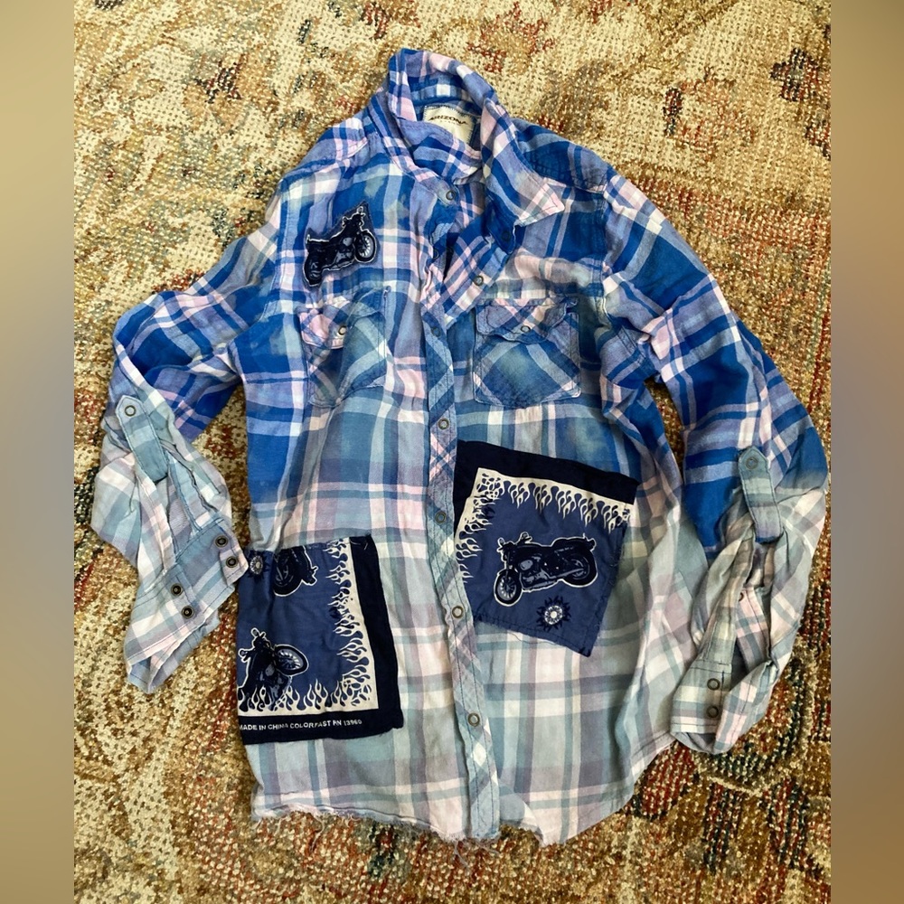 Bleached Flannel with Custom Motorcycle Embellishments
